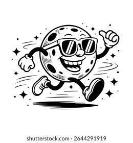 Mascote da lua estilo retrô apreciando a noite com toque cósmico. Design exclusivo e divertido para adesivos, cartazes ou vestuário.