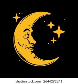 Mascote da lua estilo retrô apreciando a noite com toque cósmico. Design exclusivo e divertido para adesivos, cartazes ou vestuário.