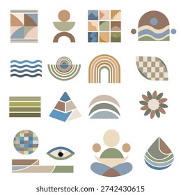 Retro-style pattern of mind uncluttering and emotion management featuring diverse geometric elements in earth tones. Comprises olive green and tan rectangles, blue and black wavy lines, and various s