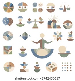 Retro-style pattern of mind uncluttering and emotion management featuring diverse geometric elements in earth tones. Comprises olive green and tan rectangles, blue and black wavy lines, and various s