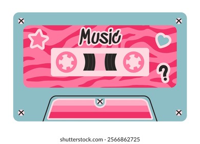 Retro-style pink and teal cassette tape with zebra print patterns, decorative elements like a heart, star, and question mark. Nostalgic and vibrant design evoking 80s and 90s vibes.