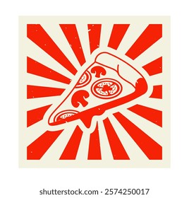 Retro-style pizza slice with toppings on a red sunburst background, evoking a vintage and creative food concept. Vector illustration