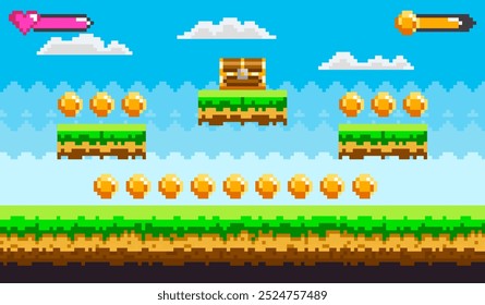 Retro-style platformer scene showing floating grass platforms with gold coins and a treasure chest. Blue sky with clouds in the background and health and energy bars on the top corners. Ideal for