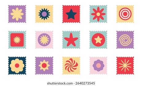 Retro-Style Postage Stamp Designs with Various Patterns