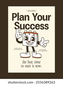 Retro-style poster featuring a cheerful planner mascot with bold typography, ideal for productivity and organizational branding or campaigns.