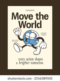 Retro-style poster featuring a dynamic globe mascot with bold typography, perfect for global campaigns or branding projects.