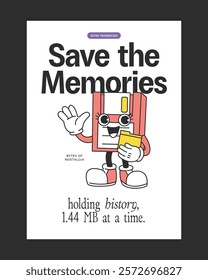 Retro-style poster featuring a floppy disk mascot with nostalgic details, ideal for tech-inspired decor, retro branding, and vintage-themed merchandise.