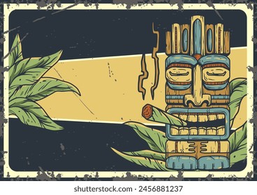 Retro-style poster featuring a polynesian tiki mask with surf and beach elements, invoking a sense of adventure and exotic culture in a tropical surfing destination. Text space.