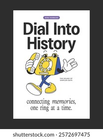 Retro-style poster featuring a rotary phone mascot with charming details, ideal for nostalgic decor, retro branding, and vintage-themed merchandise.