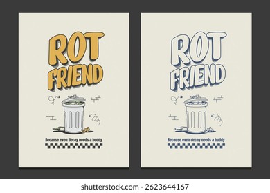 retro-style poster featuring a trash can cartoon character, vector illustration