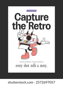 Retro-style poster featuring a vintage camera mascot with creative details, ideal for photography-themed decor, nostalgic branding, and merchandise.