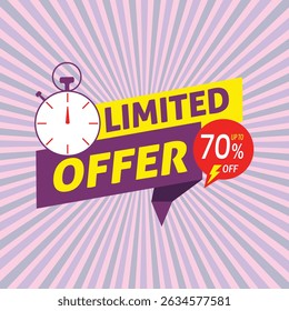 Retro-style promotional graphic with pink radial background. A stopwatch icon indicating urgency. Bold LIMITED OFFER text emphasize the sale. A red circular badge highlights a 70% OFF.