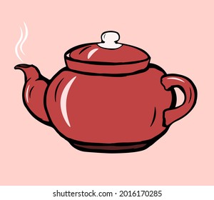 Retro-style red teapot with streams of steam. Hand drawn vector illustration.