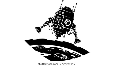 Una sonda espacial robótica de estilo retro ilustrada en un simple gráfico en blanco y negro. El módulo de aterrizaje tiene antenas, un cuerpo cuadrado y patas de aterrizaje extendidas, representadas en un estilo de Vector limpio.