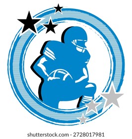 Retro-style round frame in   blue, black and silver with stars and a football. Centered silhouette of a player holding the ball. Dynamic vector graphic for sporty, vintage-themed designs.