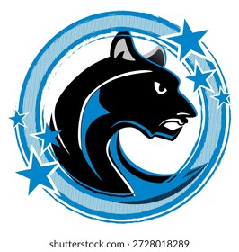 Marco redondo de estilo retro en   Azul, negro y plata con estrellas. Silueta centrada de una pantera.  Gráfico de Vector dinámico para diseños deportivos con temática vintage.