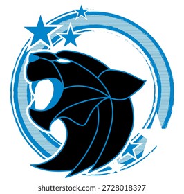 Marco redondo de estilo retro en   Azul, negro y plata con estrellas. Silueta centrada de una pantera.  Gráfico de Vector dinámico para diseños deportivos con temática vintage.
