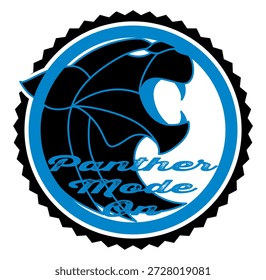 Marco redondo de estilo retro en   azul, negro y plateado. Silueta centrada de una pantera.  Gráfico de Vector dinámico para diseños deportivos con temática vintage.