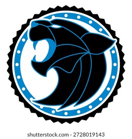 Marco redondo de estilo retro en   azul, negro y plateado. Silueta centrada de una pantera.  Gráfico de Vector dinámico para diseños deportivos con temática vintage.