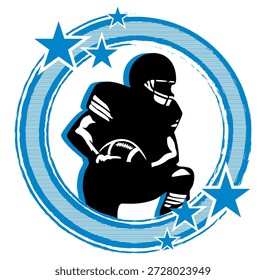 Retro-style round frame in   blue, black and silver with stars and a football. Centered silhouette of a player holding the ball. Dynamic vector graphic for sporty, vintage-themed designs.