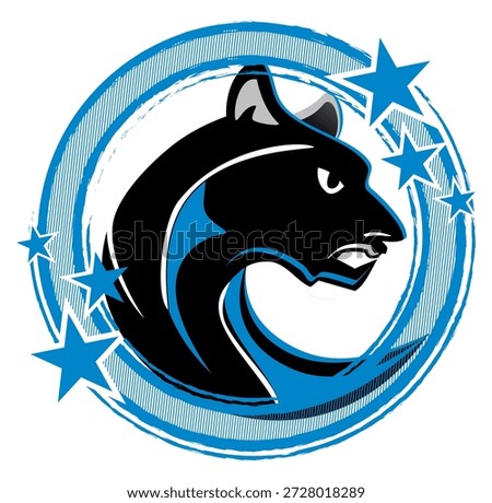 Retro-style round frame in   blue, black and silver with stars. Centered silhouette of a panther.  Dynamic vector graphic for sporty, vintage-themed designs.