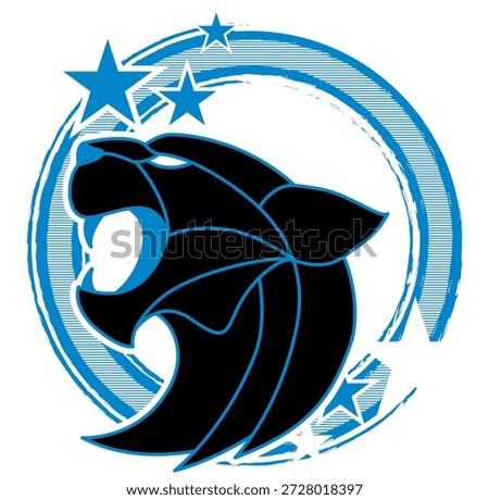 Retro-style round frame in   blue, black and silver with stars. Centered silhouette of a panther.  Dynamic vector graphic for sporty, vintage-themed designs.
