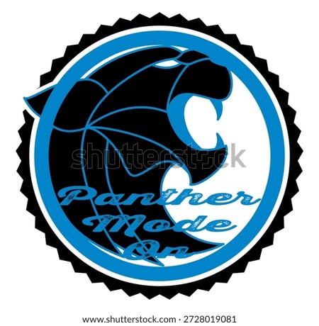 Retro-style round frame in   blue, black and silver. Centered silhouette of a panther.  Dynamic vector graphic for sporty, vintage-themed designs.