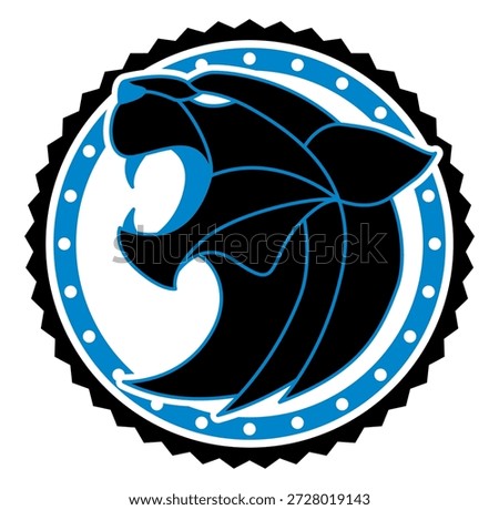Retro-style round frame in   blue, black and silver. Centered silhouette of a panther.  Dynamic vector graphic for sporty, vintage-themed designs.
