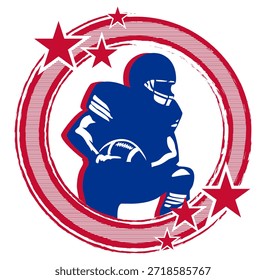Retro-style round frame in  red and royal blue with stars and a football. Centered silhouette of a player holding the ball. Dynamic vector graphic for sporty, vintage-themed designs.