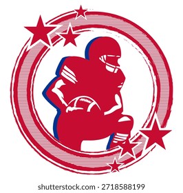 Retro-style round frame in  red and royal blue with stars and a football player. Centered silhouette of a player holding the ball. Dynamic vector graphic for sporty, vintage-themed designs.