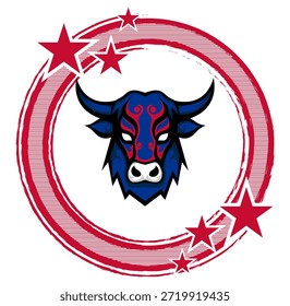 Retro-style round frame in  red and royal blue with stars and a football. Centered silhouette of a buffalo..  Dynamic vector graphic for sporty, vintage-themed designs.