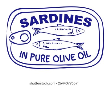 Retro-style of a sardine can label with hand drawn fish and text Sardines in pure olive oil. Simple monochrome graphic perfect for stickers and print. Vector illustration