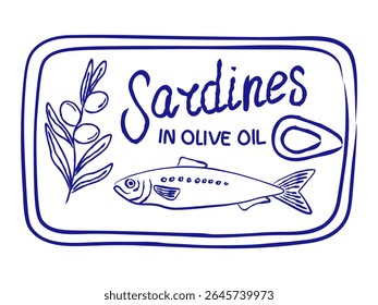 Retro-style of a sardine can label with hand drawn fish and text Sardines in olive oil. Simple monochrome graphic perfect for stickers and print. Vector illustration