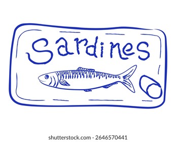 Retro-style of a sardine can label with hand drawn fish and text Sardines. Simple monochrome graphic perfect for stickers and print. Vector illustration