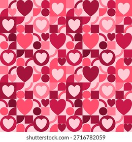 A retro-style seamless pattern with mid-century modern design, featuring hearts, circles, and squares in various shades of pink and maroon. Perfect for Valentine's Day and abstract projects.