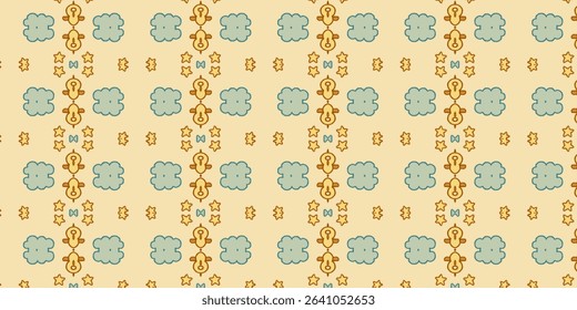 Retro-style seamless pattern with teal clouds, stars, and icons on a warm beige background. Stylish vintage look perfect for wrapping paper or retro themes.