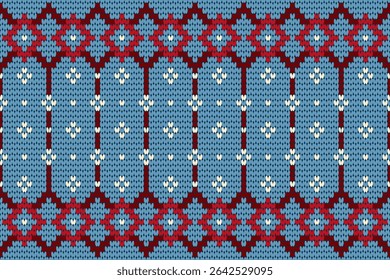 A retro-style seamless pixel art pattern inspired by traditional weaving, featuring red and cream motifs on a soft blue textured background.