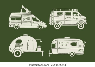 A retro-style set of camper van and travel trailer illustrations perfect for vanlife and camping-related merchandise or branding.
