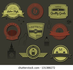 Retro-style sophisticated labels and tags, with embossed black-on-black icons and symbols