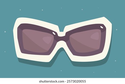 Retro-style sunglasses with white frames and dark lenses, depicted in a modern flat graphic style on a teal background. Concept of fashion accessories. Vector illustration