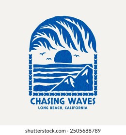 A retro-style surf club vector badge featuring ocean waves, and sunsets. Perfect for t-shirt designs, posters and other uses.