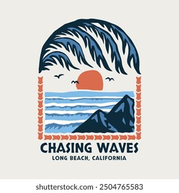 Retro-style surf club vector badges featuring ocean waves, and sunsets. Perfect for t-shirt designs, logos, and coastal branding, evoking the California surf culture.