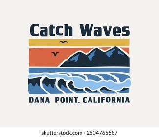 Retro-style surf club vector badges featuring ocean waves, and sunsets. Perfect for t-shirt designs, logos, and coastal branding, evoking the California surf culture.