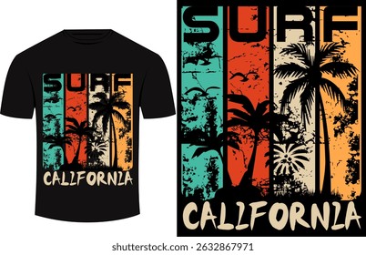 Retro-style surf t-shirt design featuring a distressed 'SURF CALIFORNIA' text graphic with palm trees and a vintage color palette