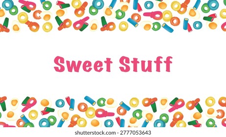 Retro-style sweets and candies border on a clean white backdrop with Sweet Stuff text. 