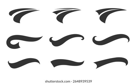 Retro-style swoosh text tails for baseball design. Set of sports-themed swash underline shapes and typography elements for athletic designs, including baseball and football. Black swirl vector lines f