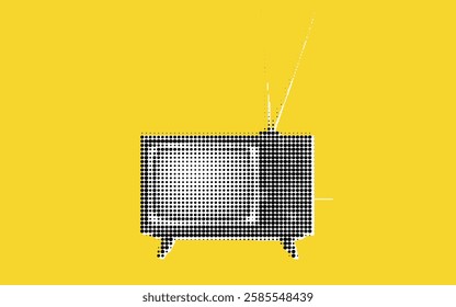 A retro-style television set illustrated with dots on a bright yellow background. The TV has antennas and a classic design, evoking nostalgia for vintage media.