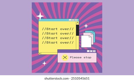 Interface do editor de texto estilo retrô com mensagens repetidas de "Recomeçar" e uma caixa de erro dizendo "Pare", simbolizando frustração digital, falhas do sistema e tarefas repetitivas.

