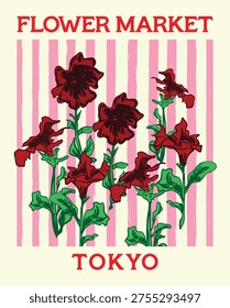 Retro-style Tokyo poster featuring vibrant red petunia flowers at a bustling market. Perfect for travel, floral décor, and vintage illustration projects.