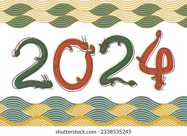 Retro-style, traditional Japanese color New Year's card illustration for the year of the Dragon in 2024
